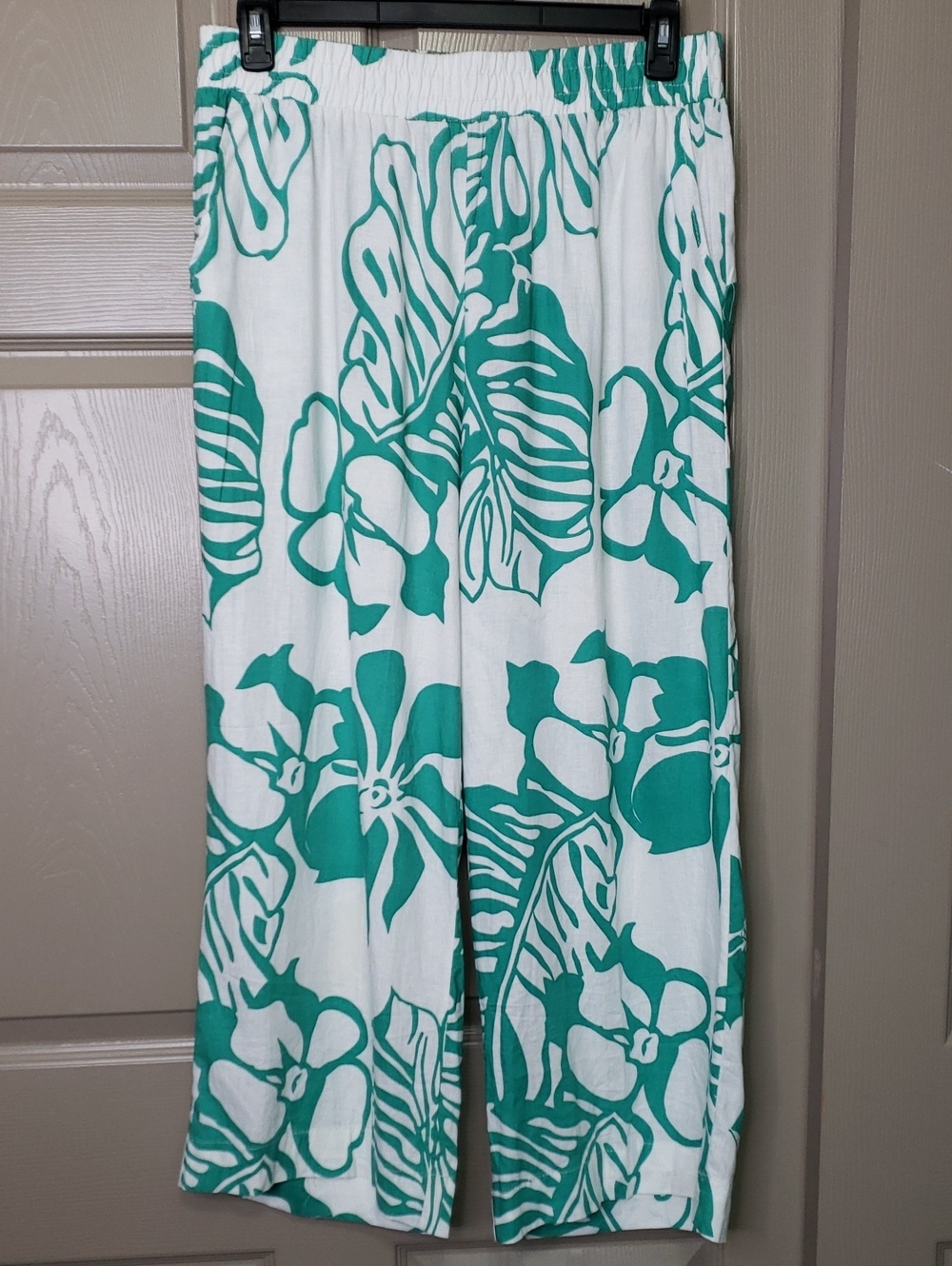Panama Jack NWT White Wide-Leg Palazzo Pants Teal Green Floral Print Linen Blen